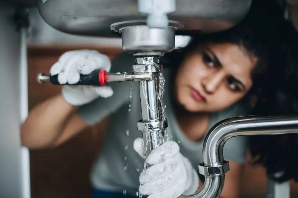 Plumber repairing a split pipe in the wall of an older Alliance rental house