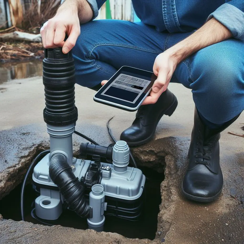 Plumber installing a submersible sump pump in a basement pit in Stark County, Ohio